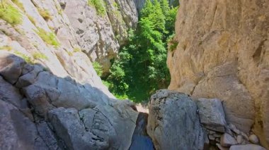 Bereketli yeşil ağaçlar ve ormanlarla çevrili kayalık bir uçurumdan şelalenin havadan görünüşü güneşli bir yaz gününde yumuşak FPV insansız hava aracıyla çekilmiştir, doğa için mükemmeldir.