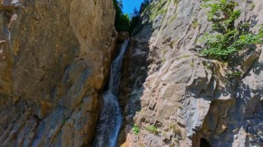 Bereketli yeşil ağaçlar ve ormanlarla çevrili kayalık bir uçurumdan şelalenin havadan görünüşü güneşli bir yaz gününde yumuşak FPV insansız hava aracıyla çekilmiştir, doğa için mükemmeldir.