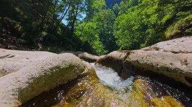 Bereketli yeşil ağaçlar ve ormanlarla çevrili kayalık bir uçurumdan şelalenin havadan görünüşü güneşli bir yaz gününde yumuşak FPV insansız hava aracıyla çekilmiştir, doğa için mükemmeldir.