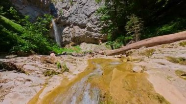 Bereketli yeşil ağaçlar ve ormanlarla çevrili kayalık bir uçurumdan şelalenin havadan görünüşü güneşli bir yaz gününde yumuşak FPV insansız hava aracıyla çekilmiştir, doğa için mükemmeldir.