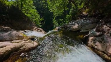 Bereketli yeşil ağaçlar ve ormanlarla çevrili kayalık bir uçurumdan şelalenin havadan görünüşü güneşli bir yaz gününde yumuşak FPV insansız hava aracıyla çekilmiştir, doğa için mükemmeldir.