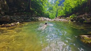 Güneşli bir günde yemyeşil orman ve kayalarla çevrili temiz bir dağ nehrinde yüzen bir kadının FPV drone görüntüsü. Vahşi doğada yaz kaçamağı, macera ve seyahat için ideal.. 