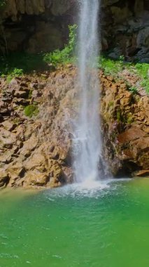 Bereketli yeşil ağaçlar ve ormanlarla çevrili kayalık bir uçurumdan şelalenin havadan çekilmiş dikey videosu güneşli bir yaz gününde FPV insansız hava aracıyla ağır çekimde çekildi..