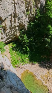 Bereketli yeşil ağaçlar ve ormanlarla çevrili kayalık bir uçurumdan şelalenin havadan çekilmiş dikey videosu güneşli bir yaz gününde FPV insansız hava aracıyla ağır çekimde çekildi..