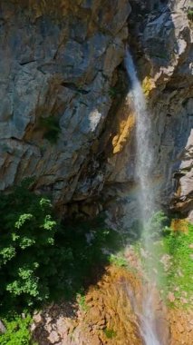 Bereketli yeşil ağaçlar ve ormanlarla çevrili kayalık bir uçurumdan şelalenin havadan çekilmiş dikey videosu güneşli bir yaz gününde FPV insansız hava aracıyla ağır çekimde çekildi..