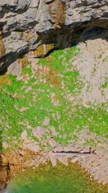 Bereketli yeşil ağaçlar ve ormanlarla çevrili kayalık bir uçurumdan şelalenin havadan çekilmiş dikey videosu güneşli bir yaz gününde FPV insansız hava aracıyla ağır çekimde çekildi..