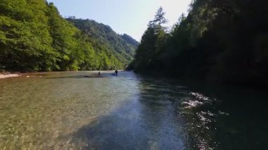 Arkadaşların FPV insansız hava aracı görüntüsü, sığ, kristal berrak bir nehirde, yemyeşil ormanlarla çevrili, parlak mavi gökyüzü altındaki uzak dağlarda, yaz macerasında yüzer.