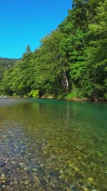 Kristal berraklığında yeşil bir nehrin dikey hava manzarası yemyeşil bir orman ve dağ vadisinde akıyor, insanlar canlı mavi bir yaz gökyüzü altında bir çakıl taşı plajında dinleniyor, doğa kaçışı, sükunet