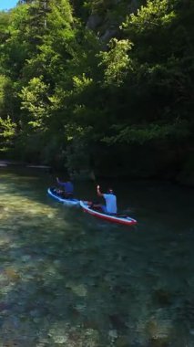 FPV hava aracının dikey videosu. Dostlar kürekleri sığ kristal berrak bir nehirde, yemyeşil orman ve açık mavi gökyüzü altında uzak dağlarla çevrili, yaz macerası ve...