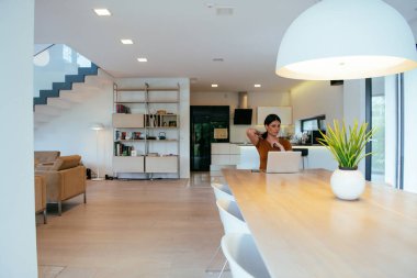 Oturma odasında oturan bir kadın bilgisayarla kameraya bakıyor iş arkadaşlarıyla görüntülü konuşma, vesikalık fotoğraf. İş görüşmesi soruları yanıtlıyor