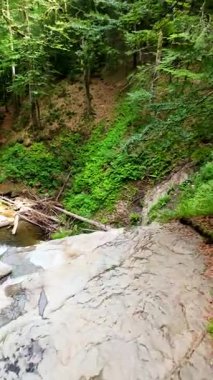 Yeşil ormandaki kayaların üzerinden akan güzel bir şelalenin havadan çekilmiş videosu, temiz su akıntısı olan doğa manzarası, rahatlama ve macera için seyahat yeri. Sinematik ağır çekim dikey