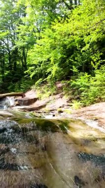 Yeşil ormandaki kayaların üzerinden akan güzel bir şelalenin havadan çekilmiş videosu, temiz su akıntısı olan doğa manzarası, rahatlama ve macera için seyahat yeri. Sinematik ağır çekim dikey