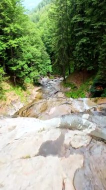 Yeşil ormandaki kayaların üzerinden akan güzel bir şelalenin havadan çekilmiş videosu, temiz su akıntısı olan doğa manzarası, rahatlama ve macera için seyahat yeri. Sinematik ağır çekim dikey