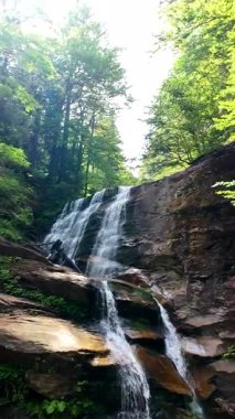 Yeşil ormandaki kayaların üzerinden akan güzel bir şelalenin havadan çekilmiş videosu, temiz su akıntısı olan doğa manzarası, rahatlama ve macera için seyahat yeri. Sinematik ağır çekim dikey