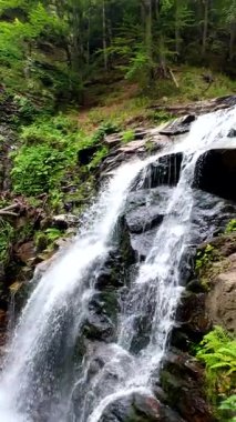 Yeşil ormandaki kayaların üzerinden akan güzel bir şelalenin havadan çekilmiş videosu, temiz su akıntısı olan doğa manzarası, rahatlama ve macera için seyahat yeri. Sinematik ağır çekim dikey