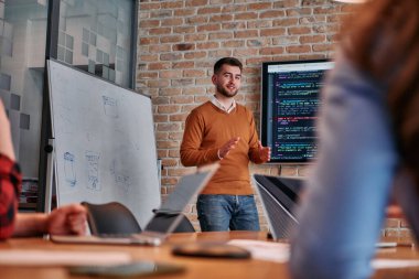 Kurumsal bir kurum kuran bir işadamı, bir toplantı düzenler, özenli ekibine tutkuyla bir iş planı sunar, işbirliği ve stratejik düşünmeyi teşvik eder.. 