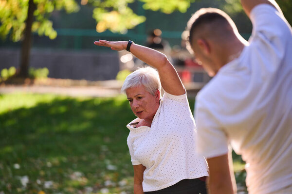 A group of seniors follows a trainer, engaging in outdoor exercises in the park, as they collectively strive to maintain vitality and well-being, embracing an active and health-conscious lifestyle in