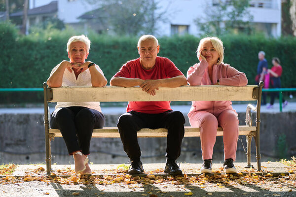 A group of elderly individuals, including a senior man and two older women, sits in a park on a sunny autumn day, embodying the concept of healthy aging through companionship, relaxation, and outdoor