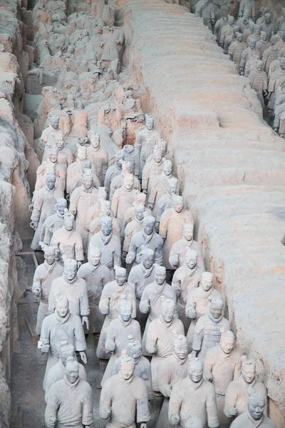 XIAN, CHINA - October 8, 2017: Famous Terracotta Army in Xi\'an, China. The mausoleum of Qin Shi Huang, the first Emperor of China contains collection of terracotta sculptures of armored men and horses.