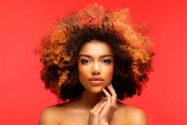 Jonge Elegante Afro Amerikaanse Vrouw Met Afrohaar Glamour Make Rode — Stockfoto