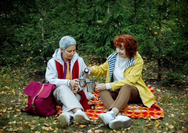 Две Пожилые Женщины Сидят Клетчатом Одеяле Лесу Пьют Кофе Разговаривают — стоковое фото