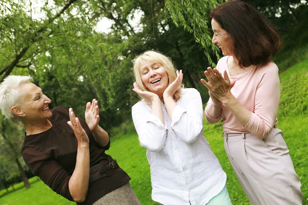 Счастливые Пенсионеры Встречаются Парке Три Подруги Парке Отмечают День Рождения — стоковое фото