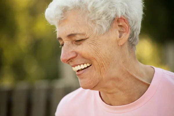 Old Woman Laughs Her Eyes Closed Positive Mood Happy Old — Foto de Stock