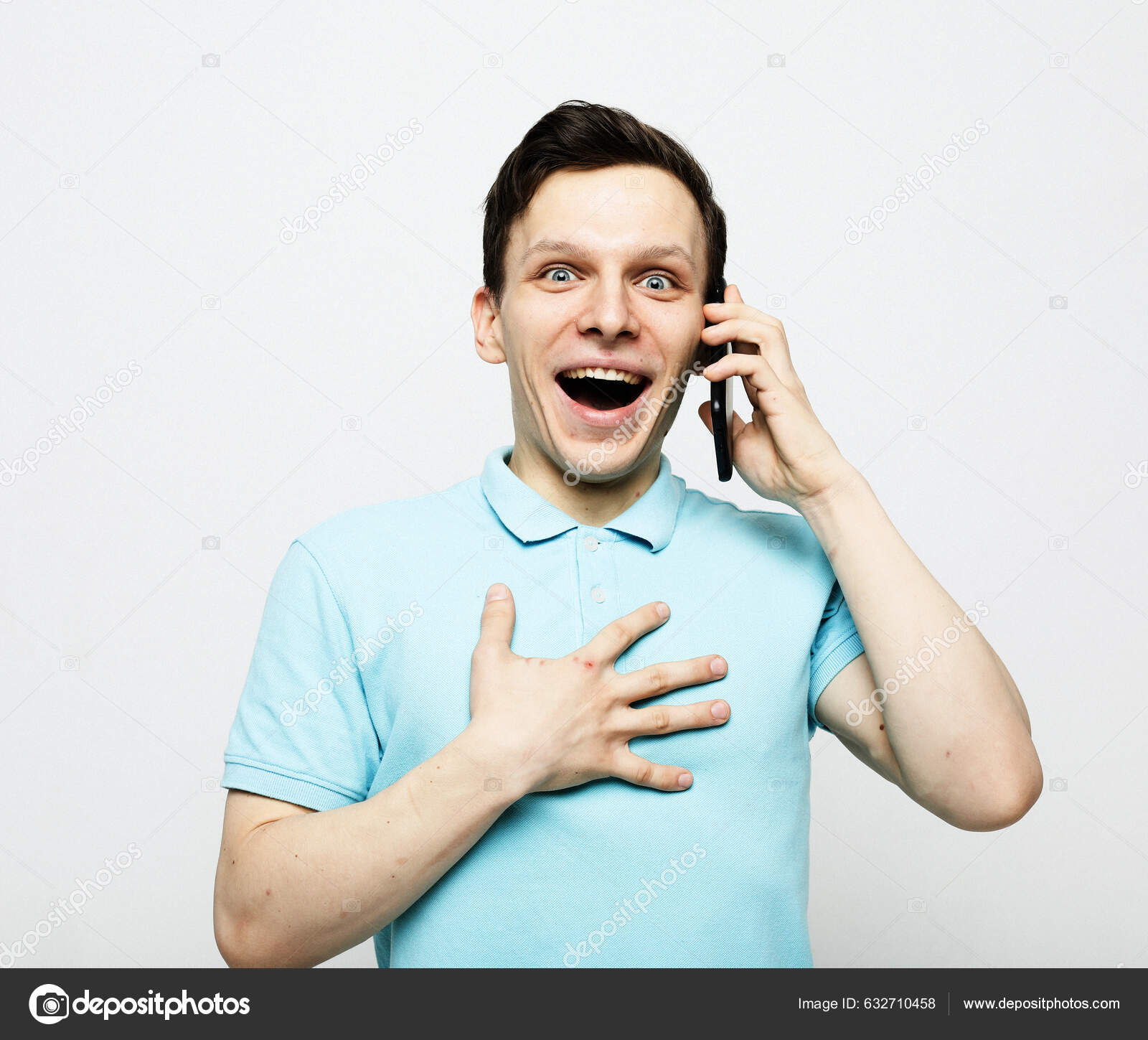 Happy Young Man Holding Phone His Ear Listening News Man — Stock