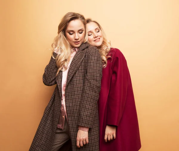 Positive portrait of two girls, best friends posing indoor on beige background wearing winter stylish coat. Fashionable clothes. Sisters twins.