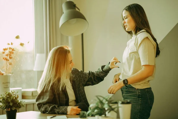 Two Young Women Casual Clothes Communicate Together Office Discuss Work — Stock Photo, Image