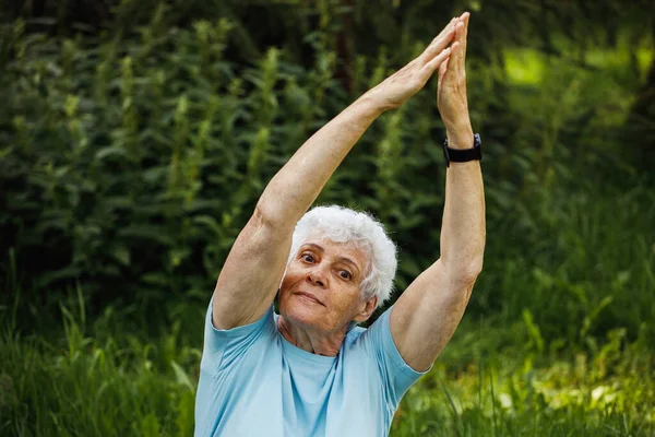 成熟的女人在大自然中放松 老太婆在沉思老太太正在公园里做瑜伽 微笑的老太太在锻炼 旧的女性锻炼 体育培训 老太婆公民 — 图库照片