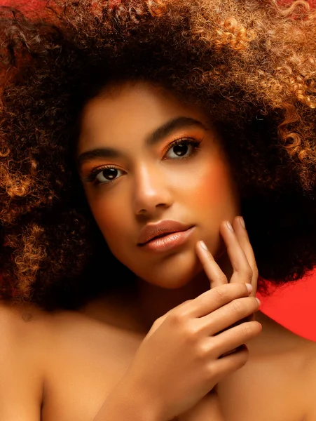 Jonge Elegante Afro Amerikaanse Vrouw Met Afrohaar Glamour Make Close — Stockfoto