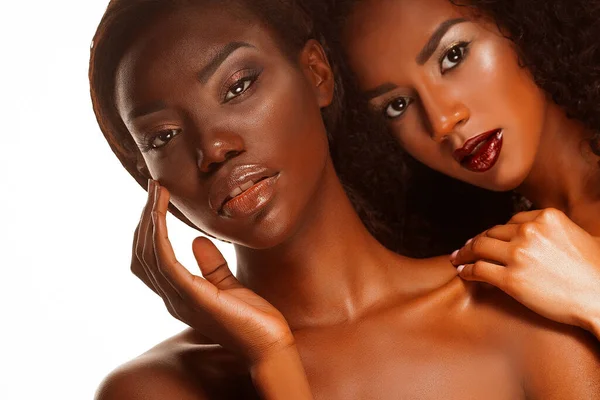 Glamour Beauty Two Beautiful African Women Bright Make Posing Front — Photo