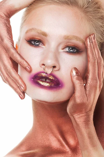 Young Woman Fantasy Bright Make Unusual Face Art Studio Shot — Stock Photo, Image