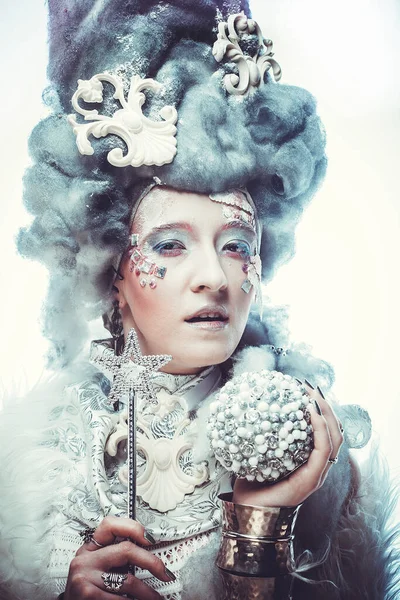 Winter Beauty Woman Portrait Silver Wig Holding Magic Wand Christmas — Stock Photo, Image