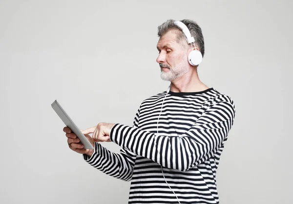 Cheerful Senior Man Listening Favourite Tracks Isolated Grey Background Joyful 스톡 사진