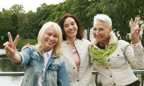 Три Впевнені Старші Жінки Показують Знак Парку Недалеко Від Озера — стокове фото