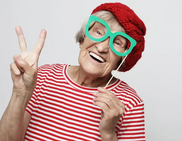 Lifestyle Emotion People Concept Funny Grandmother Fake Glasses Laughs Ready — Stock Photo, Image