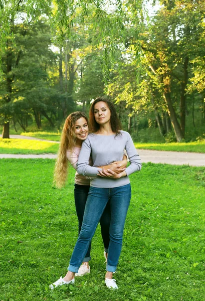 Mother Adult Daughter Hugging Park Two Beautiful Happy Women Long — Stock fotografie