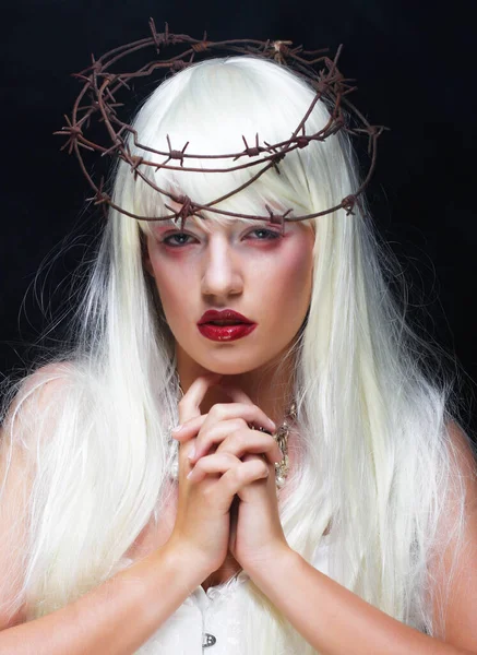 Young Woman Bright Make Long White Hair Wire Crown Party — Stock Photo, Image
