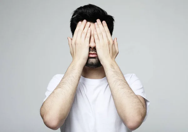 Young Handsome Bearded Man Closing His Eyes Grey Background — Foto de Stock