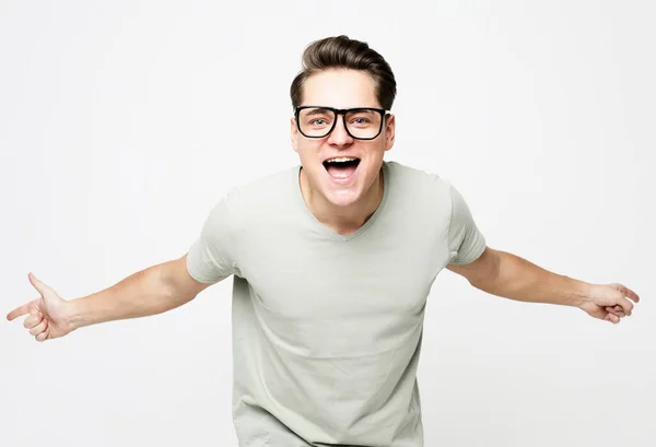 Lifestyle Emotion People Concept Shocked Amazed Surprised Man Wear Eyeglasses — Stock Photo, Image