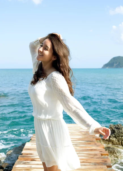 Young Happy Woman Wearing White Dress Posing Sea Summer Vacation — Foto de Stock