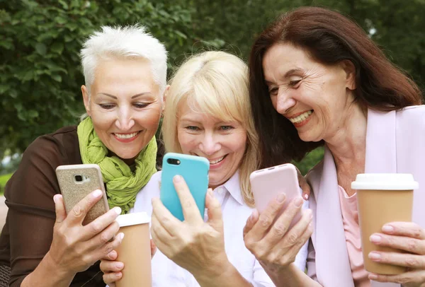 Sevimli Yaşlı Kadınlar Neşeyle Güler Akıllı Telefonlarının Ekranlarına Bakarlar Yaz — Stok fotoğraf