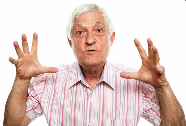 Emotion Old People Body Language Concept Elderly Man Surprised Annoyed — Zdjęcie stockowe