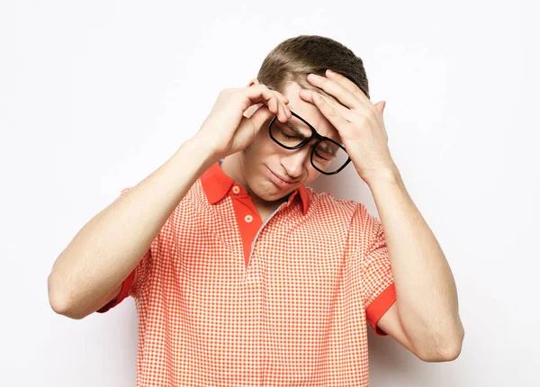 Young Handsome Man Wearing Eyeglasses Hand Head Pain Head Because — Stock Photo, Image