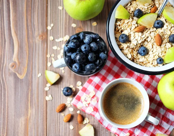Healthy Breakfast Great Start New Day Oatmeal Porridge Coffee Apple — Stock Photo, Image