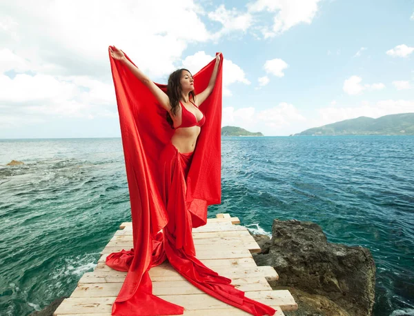 年轻的黑发女人 红色的裙子和像翅膀一样的面料 近海地区的女模 夏季时间 — 图库照片