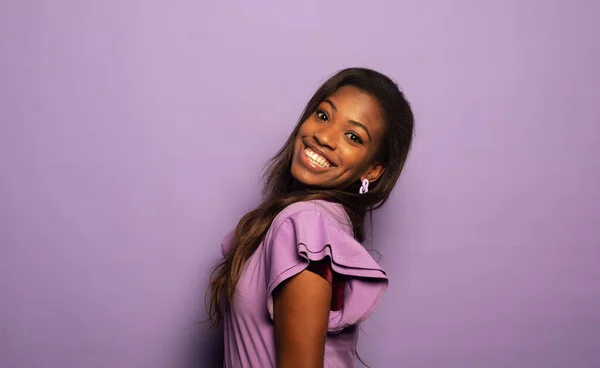 Happy Afro Woman Smiling Has Good Mood Isolated Studio Purple — Stockfoto