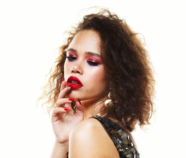Conceito Moda Beleza Jovem Mulher Americana Africana Atraente Com Maquiagem — Fotografia de Stock